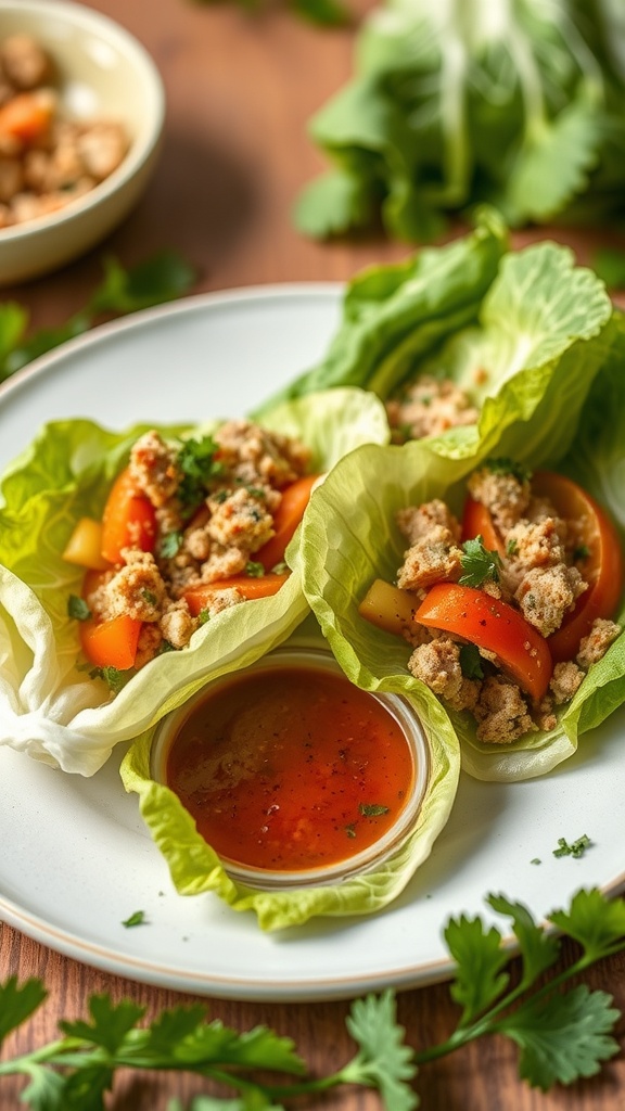 Cabbage wraps filled with lean turkey and bell peppers served with a dipping sauce