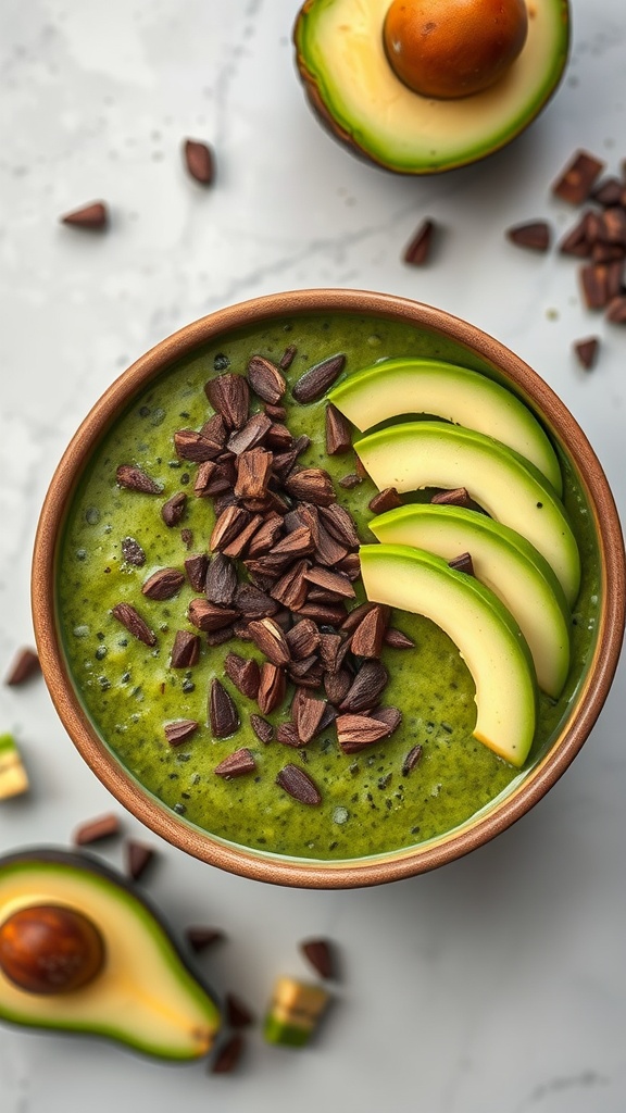 A green smoothie topped with cacao nibs and sliced apple.