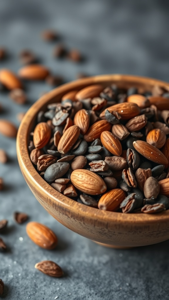 A wooden bowl filled with cacao nibs and almonds, showcasing a healthy protein snack.