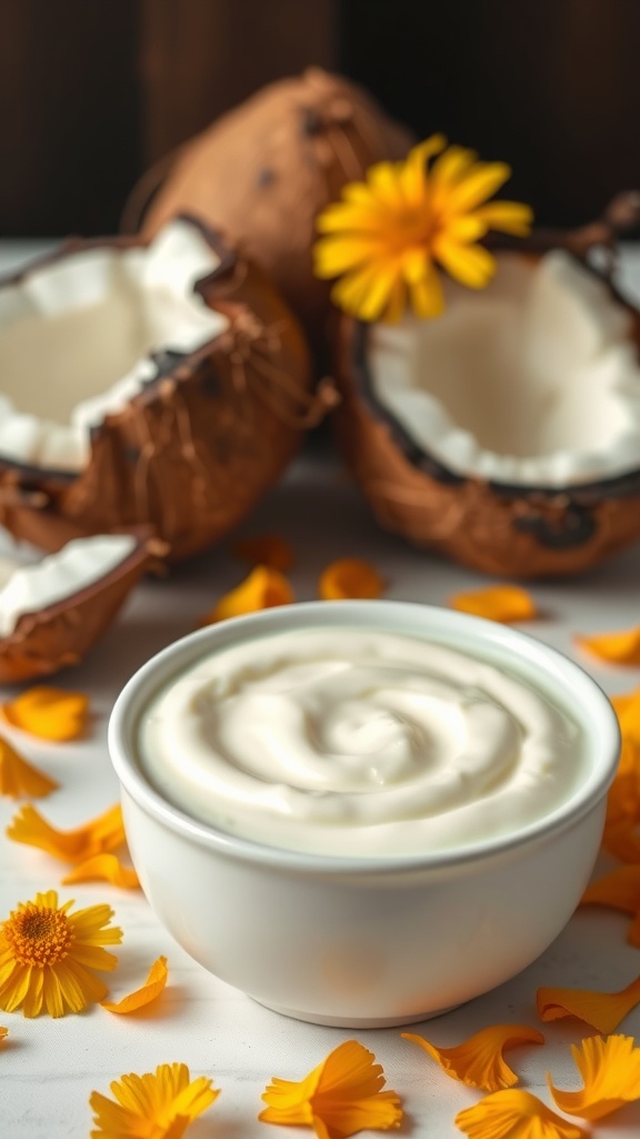 A bowl of creamy calendula and coconut cream, surrounded by calendula petals and coconut shells.