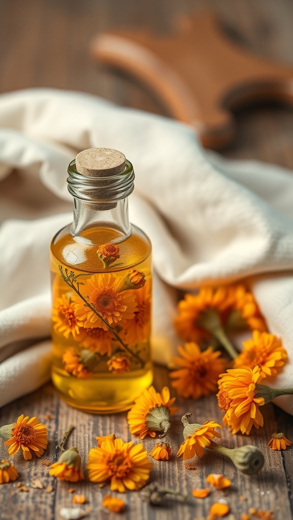 A bottle of calendula infused oil surrounded by bright orange calendula flowers on a wooden surface.