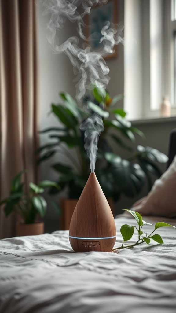 A wooden essential oil diffuser emitting mist in a cozy bedroom with plants.
