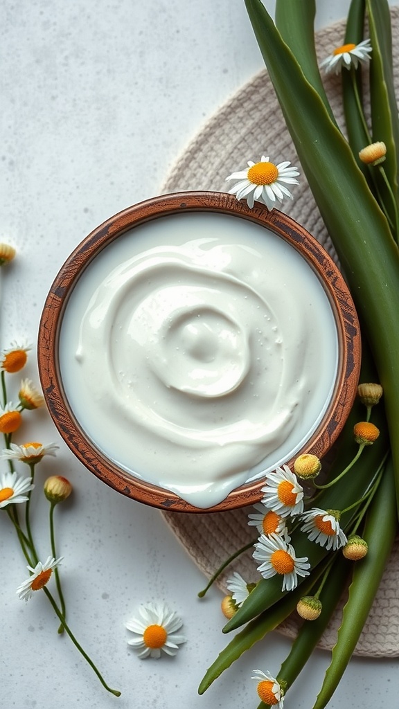 A soothing DIY chamomile and aloe vera mask in a wooden bowl, surrounded by aloe leaves and chamomile flowers.