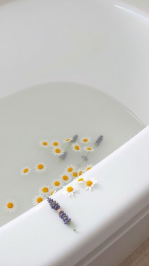 A peaceful bath filled with chamomile and lavender flowers