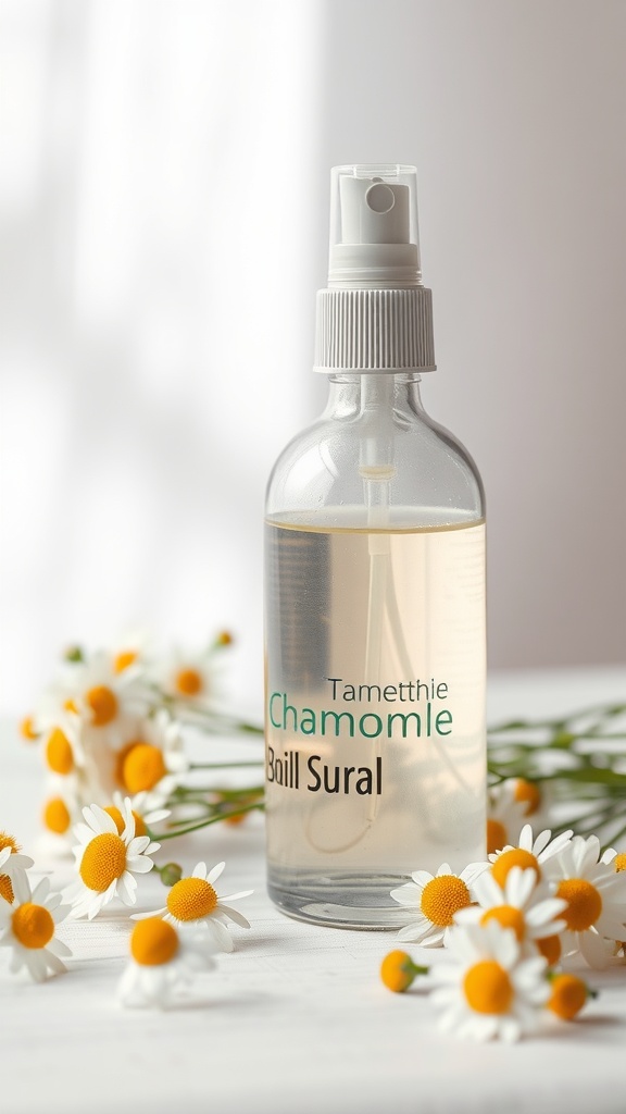 A clear spray bottle filled with chamomile-infused liquid, surrounded by fresh chamomile flowers