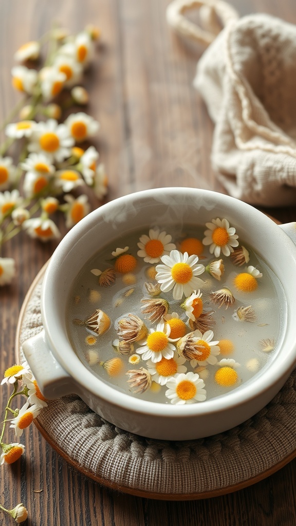 A bowl of chamomile flowers floating in warm water, surrounded by fresh chamomile stems.