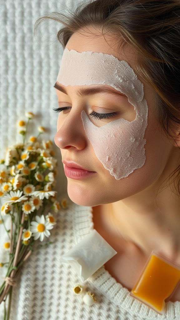 A woman relaxing with a chamomile tea compress on her face, surrounded by chamomile flowers.