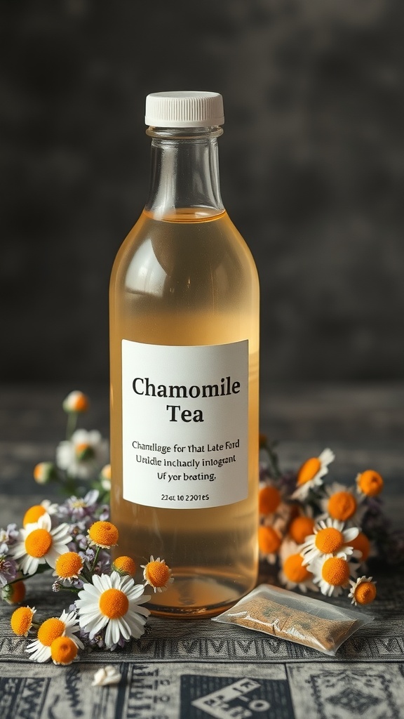 A bottle of chamomile tea surrounded by fresh chamomile flowers and a tea bag.