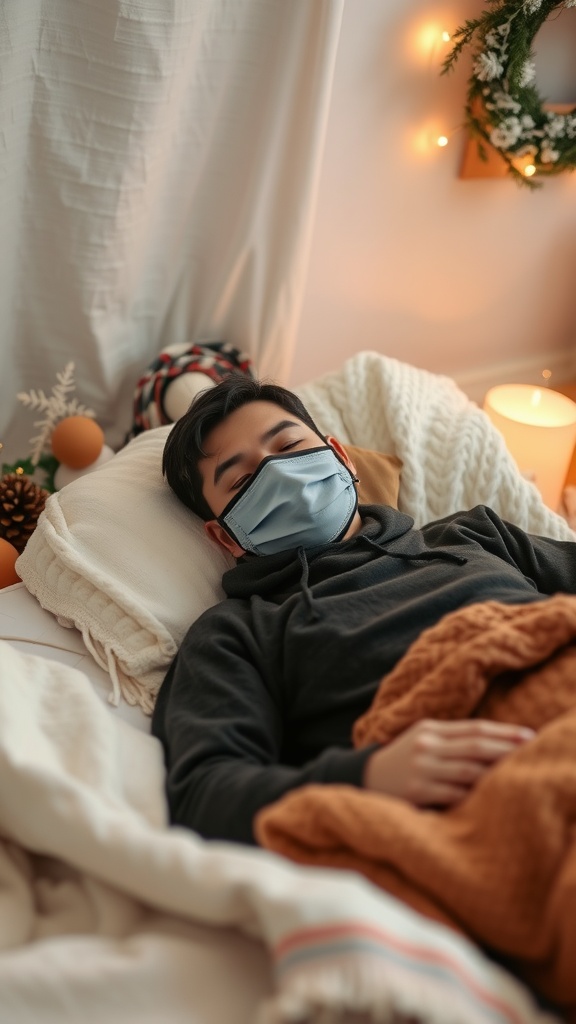 A person relaxing on a cozy bed, wearing a mask, surrounded by warm decorations and blankets, evoking a feeling of comfort.
