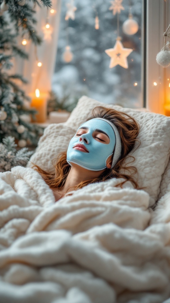 A person relaxing on a cozy bed, wearing a mask, surrounded by warm decorations and blankets, evoking a feeling of comfort.