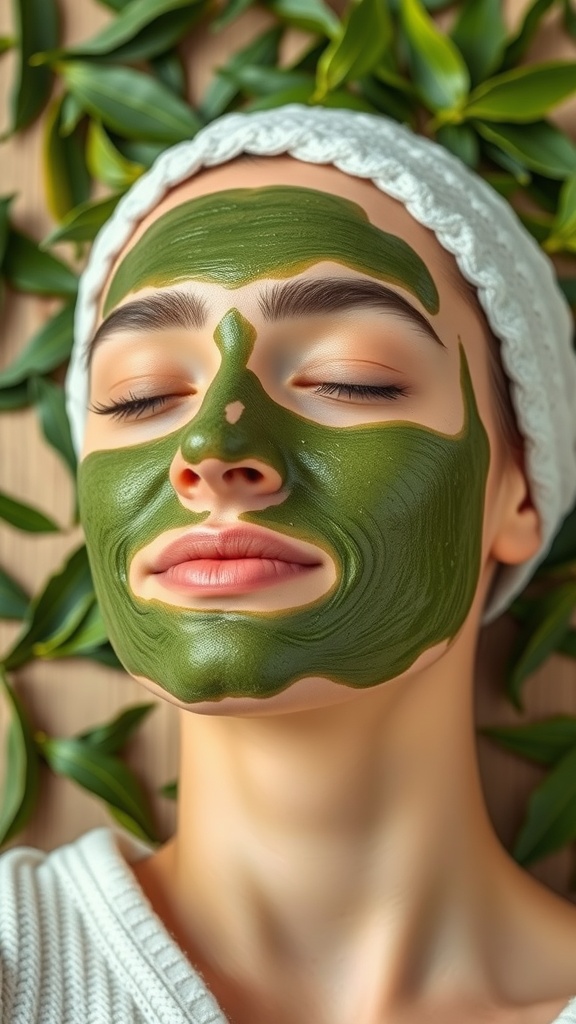 A person relaxing with a green tea face mask, surrounded by fresh leaves, emphasizing a natural skincare routine.