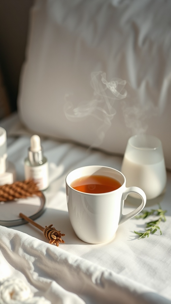 A cozy scene depicting a cup of herbal tea with steam rising, surrounded by skincare products and natural elements.