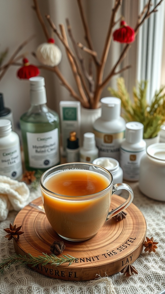 A cozy setup featuring a cup of herbal tea, skincare products, and natural decor.