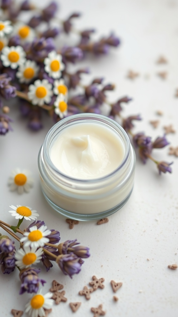 A small glass jar filled with creamy balm, surrounded by lavender and chamomile flowers.