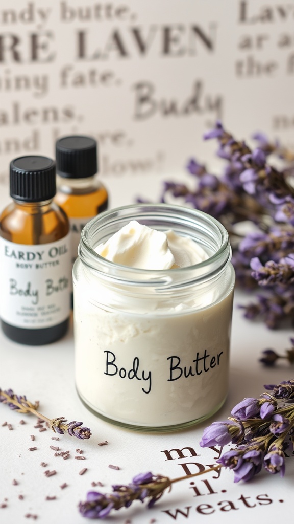 A jar of lavender body butter surrounded by lavender sprigs and essential oils.