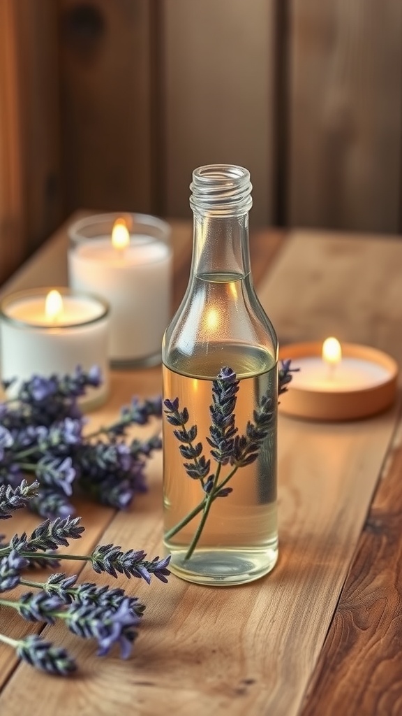 A bottle of lavender oil infusion with lavender sprigs and candles on a wooden surface.