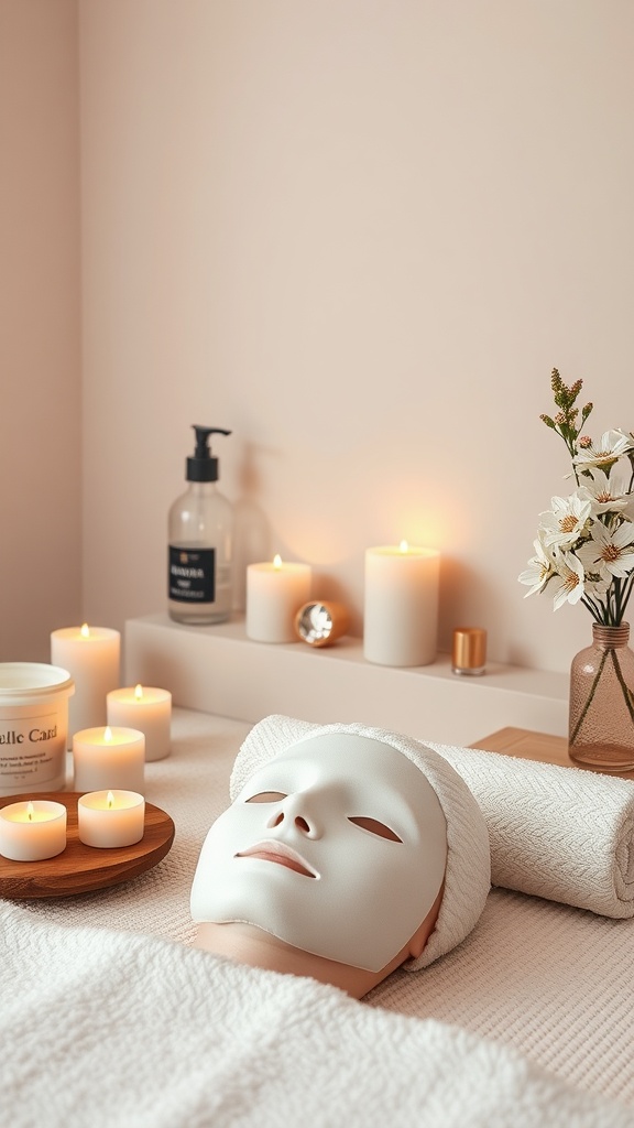 A serene spa setting with a model wearing a calming facial mask surrounded by candles and soft towels.