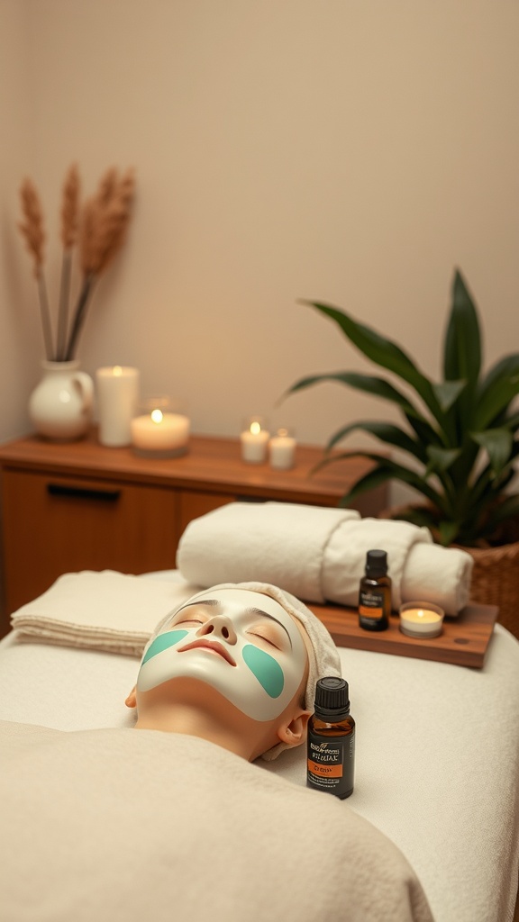 A serene spa setting with a person receiving a calming facial mask treatment.