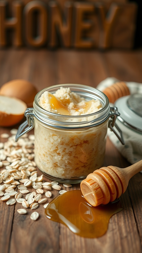 A jar of oatmeal and honey scrub with oats and honey drizzles around it