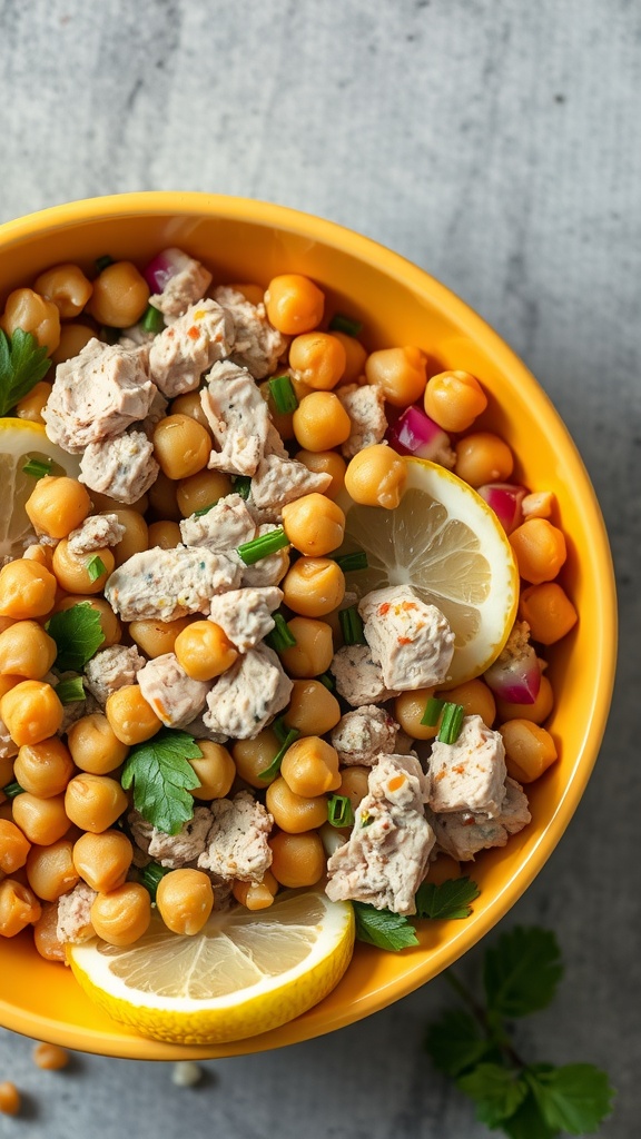 A vibrant bowl of canned tuna and chickpea salad with lemon slices and parsley.