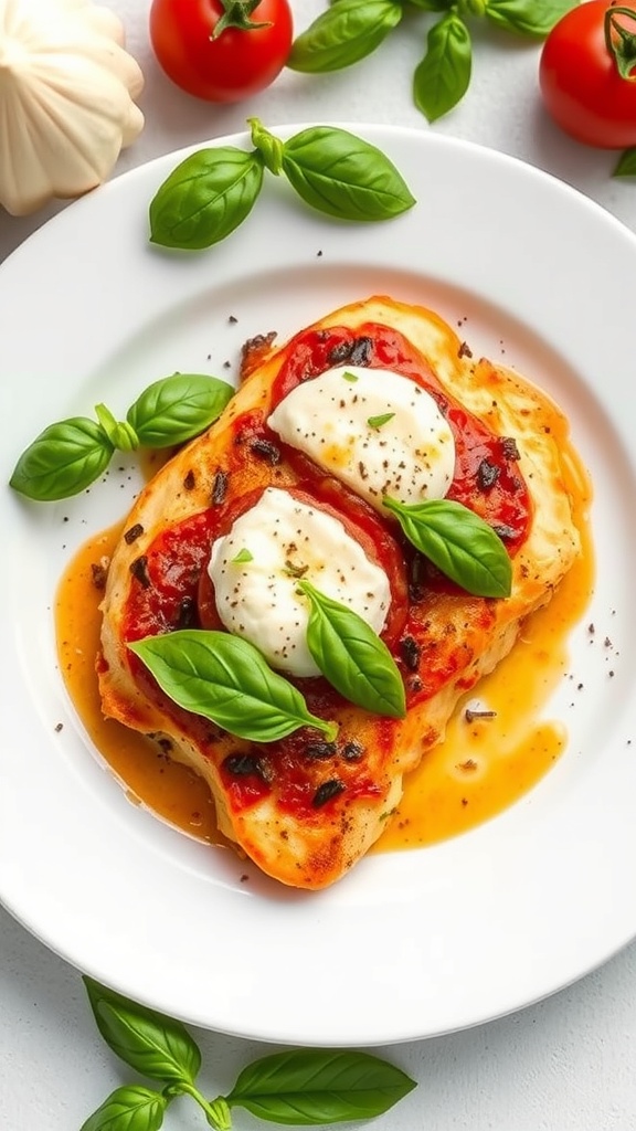A delicious Caprese Chicken Bake with mozzarella, tomatoes, and basil.