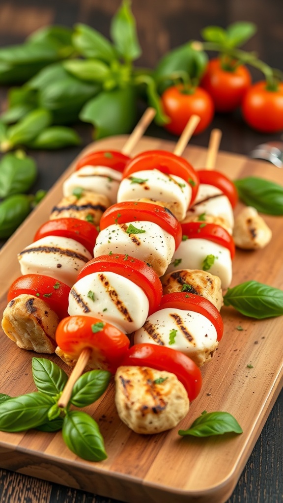 Delicious Caprese Chicken Skewers with cherry tomatoes, mozzarella, and basil on a platter.