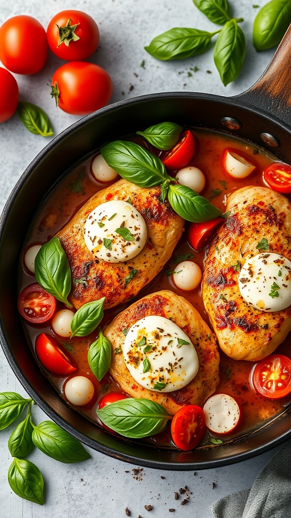 A skillet with Caprese Chicken featuring chicken breasts, fresh tomatoes, mozzarella, and basil.