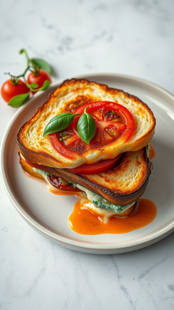 A delicious Caprese grilled cheese sandwich with fresh ingredients.