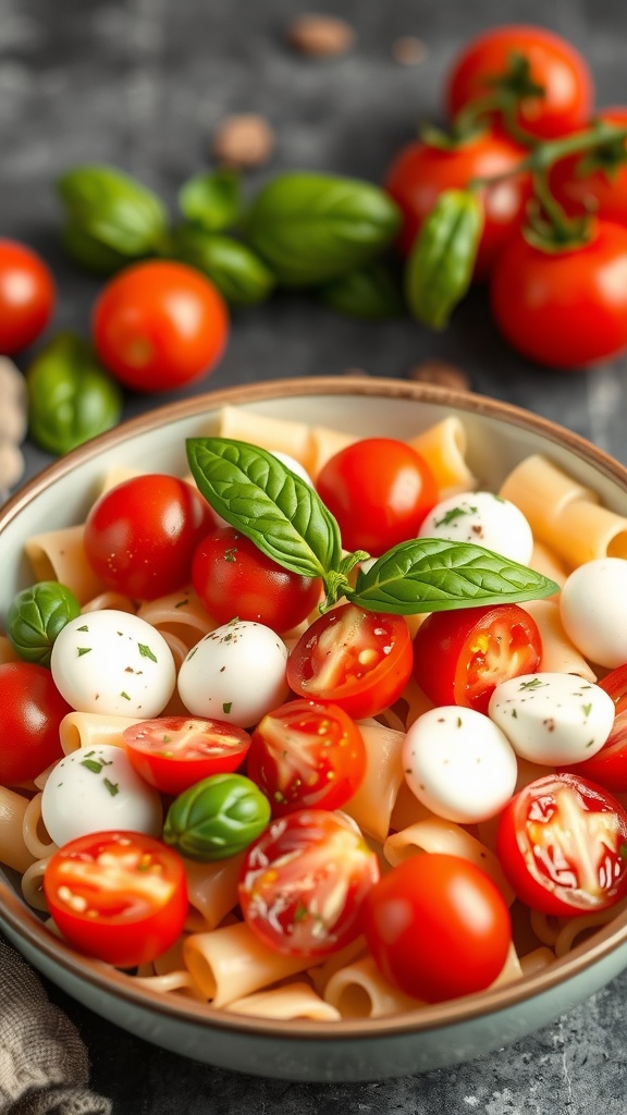 A bowl of Caprese pasta salad with cherry tomatoes, mozzarella balls, and fresh basil.