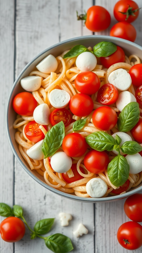 A bowl of Caprese Pasta Salad with cherry tomatoes, mozzarella, and fresh basil.