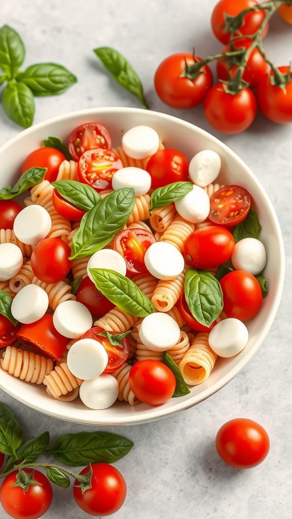 A bowl of Caprese Pasta Salad with cherry tomatoes, mozzarella balls, and fresh basil.