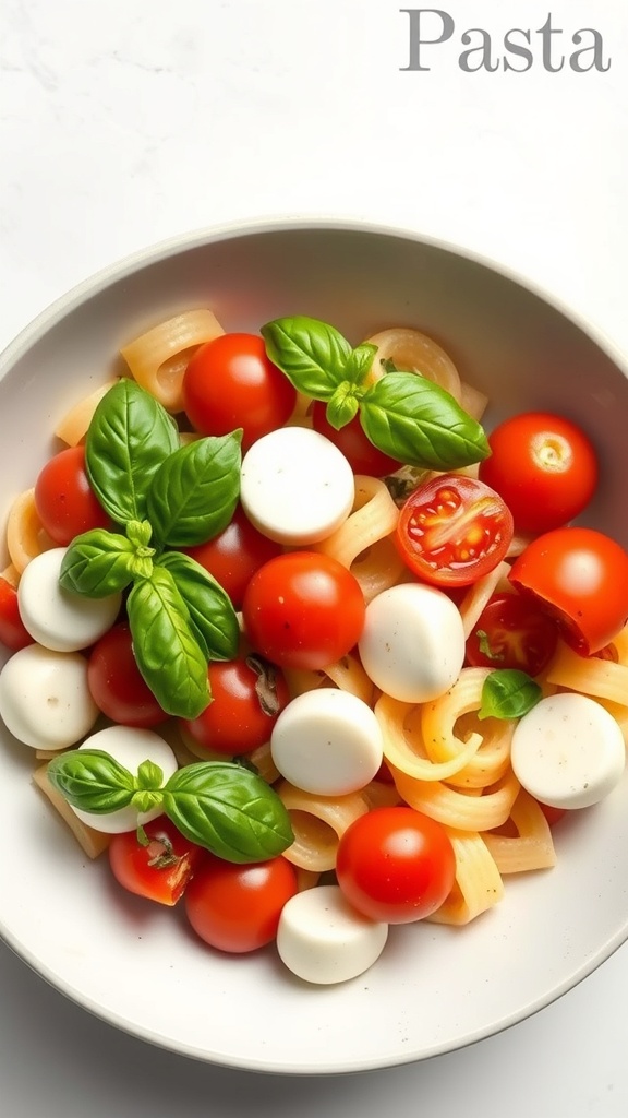 A bowl of Caprese Pasta Salad featuring cherry tomatoes, mozzarella balls, and fresh basil.