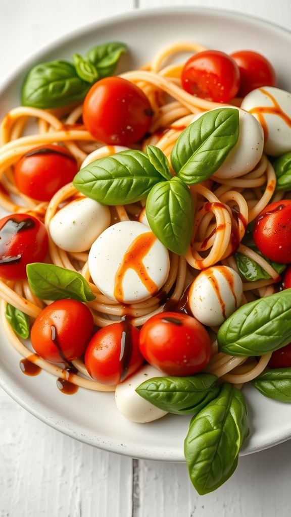 A colorful plate of Caprese Pasta Salad with cherry tomatoes, mozzarella, and basil.