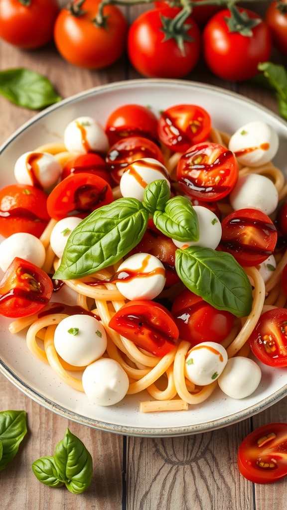 A vibrant Caprese pasta salad with cherry tomatoes, mozzarella, and fresh basil on a plate.