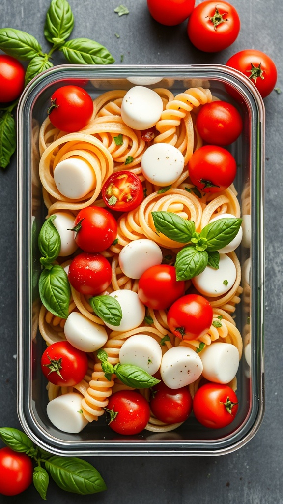A container of Caprese Pasta Salad with cherry tomatoes, mozzarella, and basil.