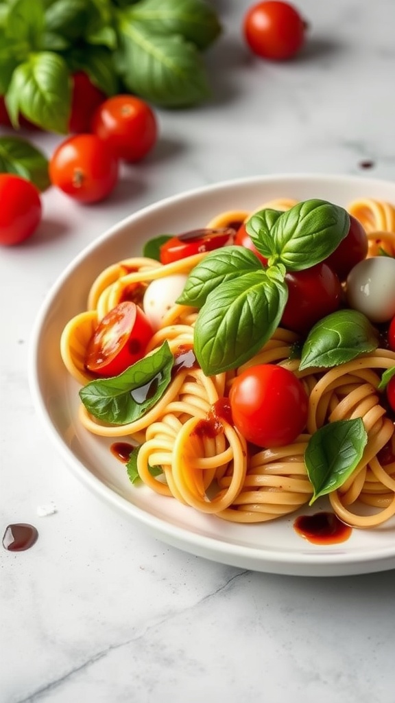 A vibrant plate of Caprese pasta salad, featuring cherry tomatoes, mozzarella, and fresh basil drizzled with balsamic glaze.