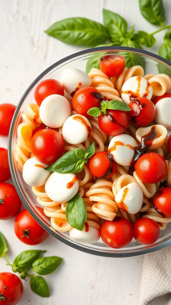 A bowl of Caprese Pasta Salad with cherry tomatoes, mozzarella balls, fresh basil, and balsamic glaze.