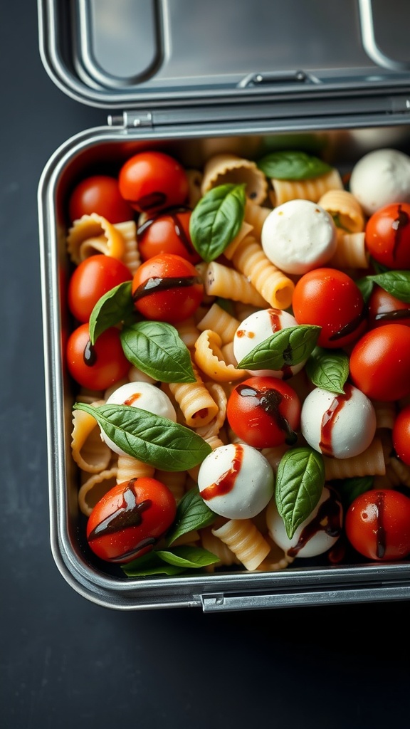 A lunchbox filled with Caprese Pasta Salad featuring cherry tomatoes, mozzarella balls, basil, and balsamic glaze.