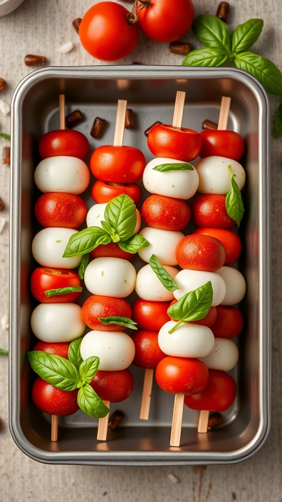 Caprese salad skewers with cherry tomatoes, mozzarella, and basil