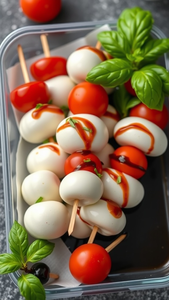 Caprese salad skewers with mozzarella, cherry tomatoes, and basil