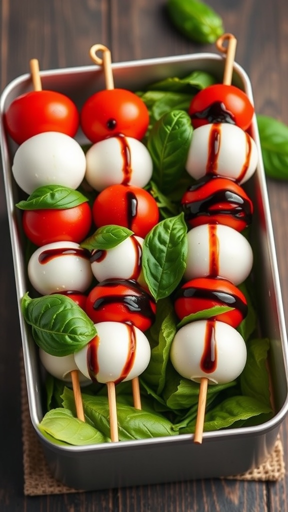 Caprese Salad Skewers with cherry tomatoes, mozzarella, and basil