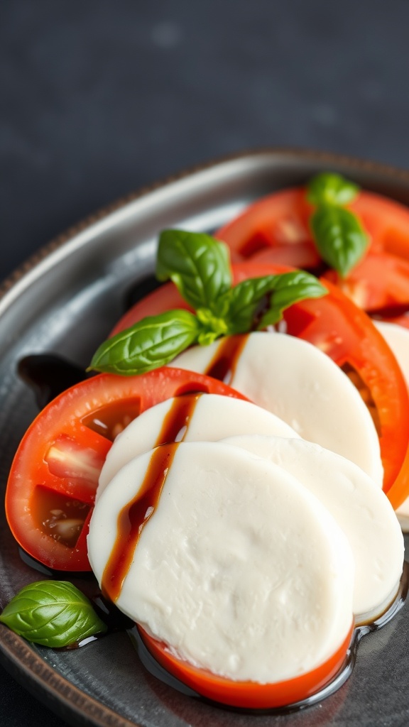 A plate of Caprese salad featuring sliced tomatoes, mozzarella, and fresh basil, drizzled with balsamic glaze.