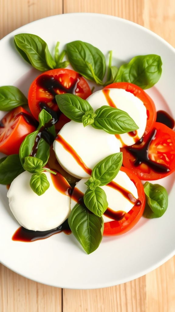 A plate of Caprese salad featuring sliced tomatoes, mozzarella cheese, fresh basil, and balsamic glaze.