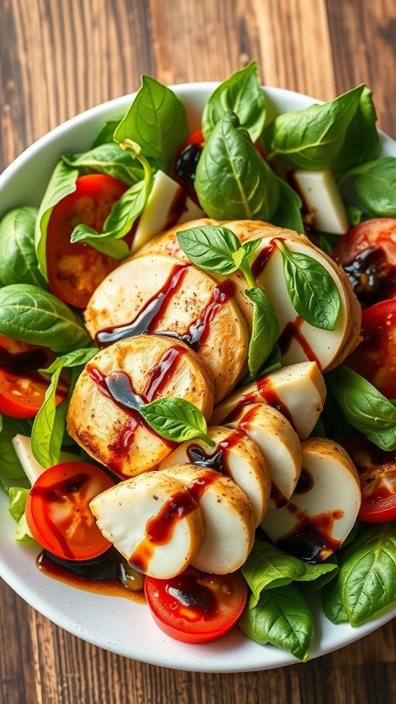 A colorful Caprese salad topped with grilled chicken, mozzarella, tomatoes, and basil.