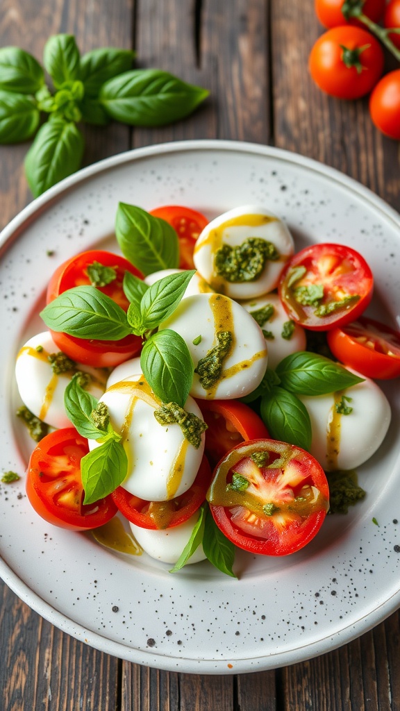 A plate of Caprese Salad with mozzarella, tomatoes, and basil topped with pesto.