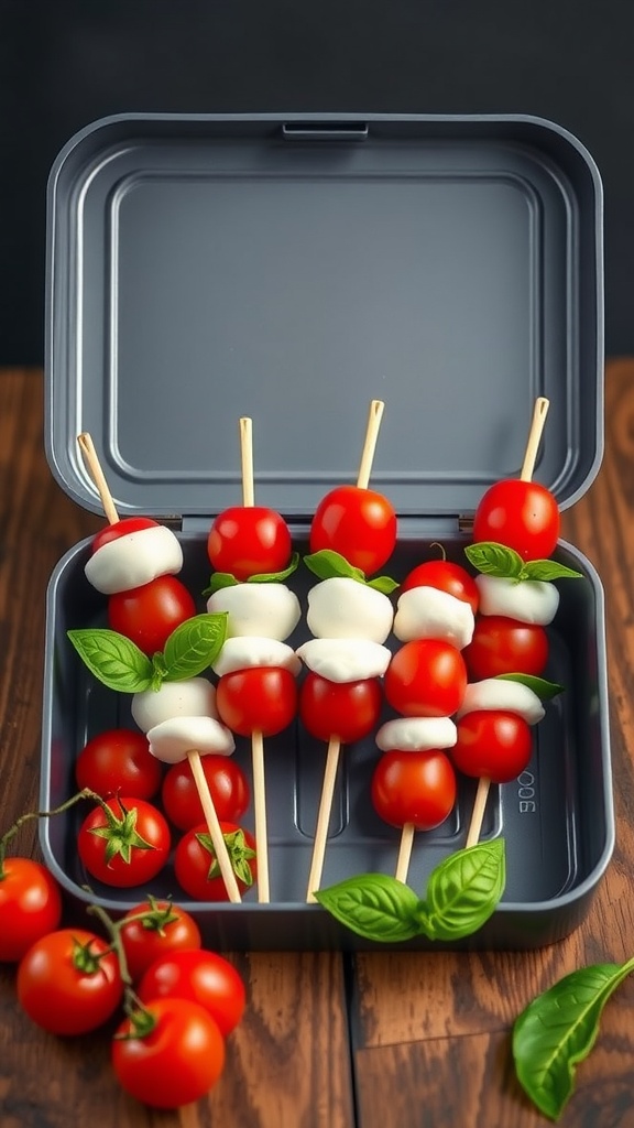 Caprese skewers with cherry tomatoes, mozzarella, and basil