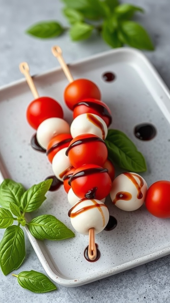 Caprese skewers with cherry tomatoes, mozzarella balls, and basil leaves drizzled with balsamic glaze.