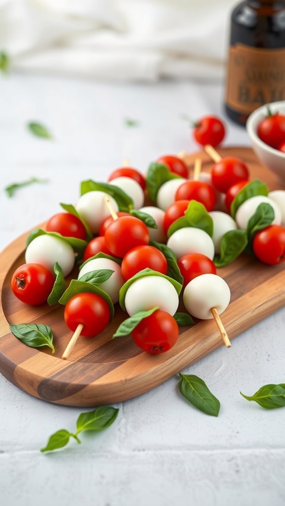 Caprese skewers with cherry tomatoes, mozzarella balls, and basil leaves on a wooden platter.