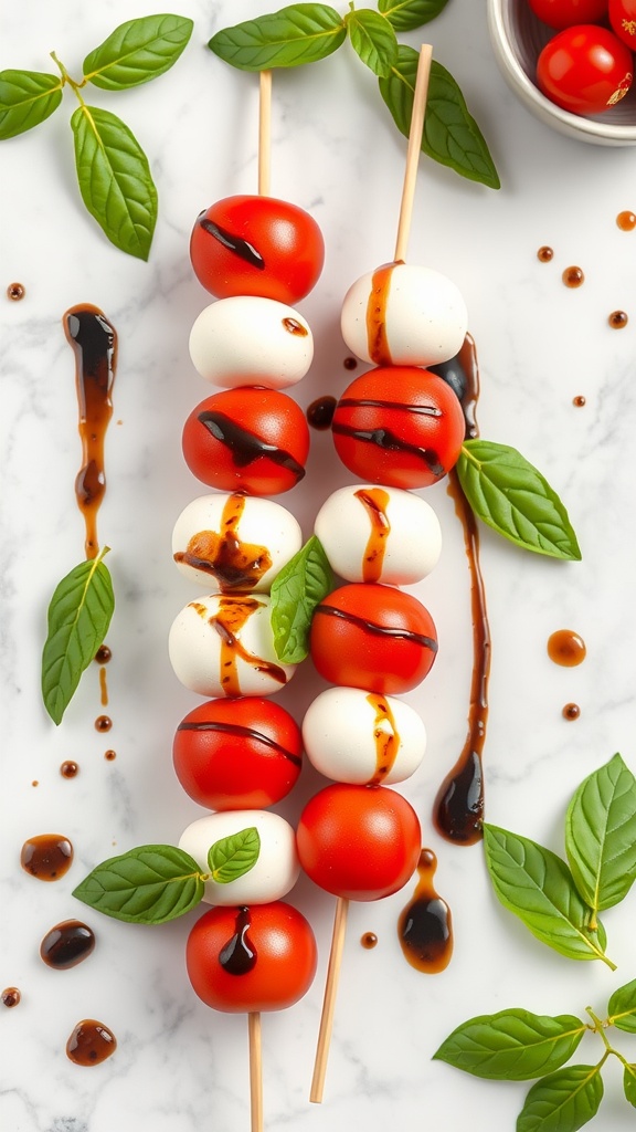 Caprese skewers with cherry tomatoes, mozzarella balls, and basil drizzled with balsamic glaze.