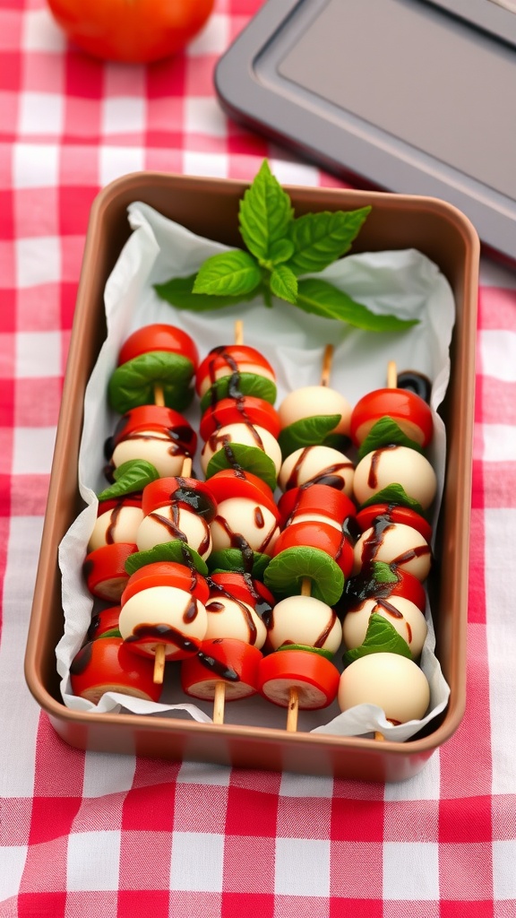 Caprese skewers with mozzarella, tomatoes, and basil drizzled with balsamic glaze in a lunchbox.